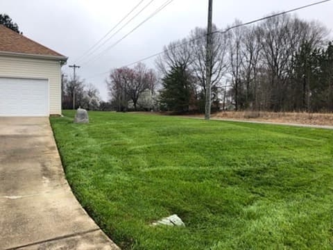 Well-maintained, sharply edged lawn next to a residential garage
